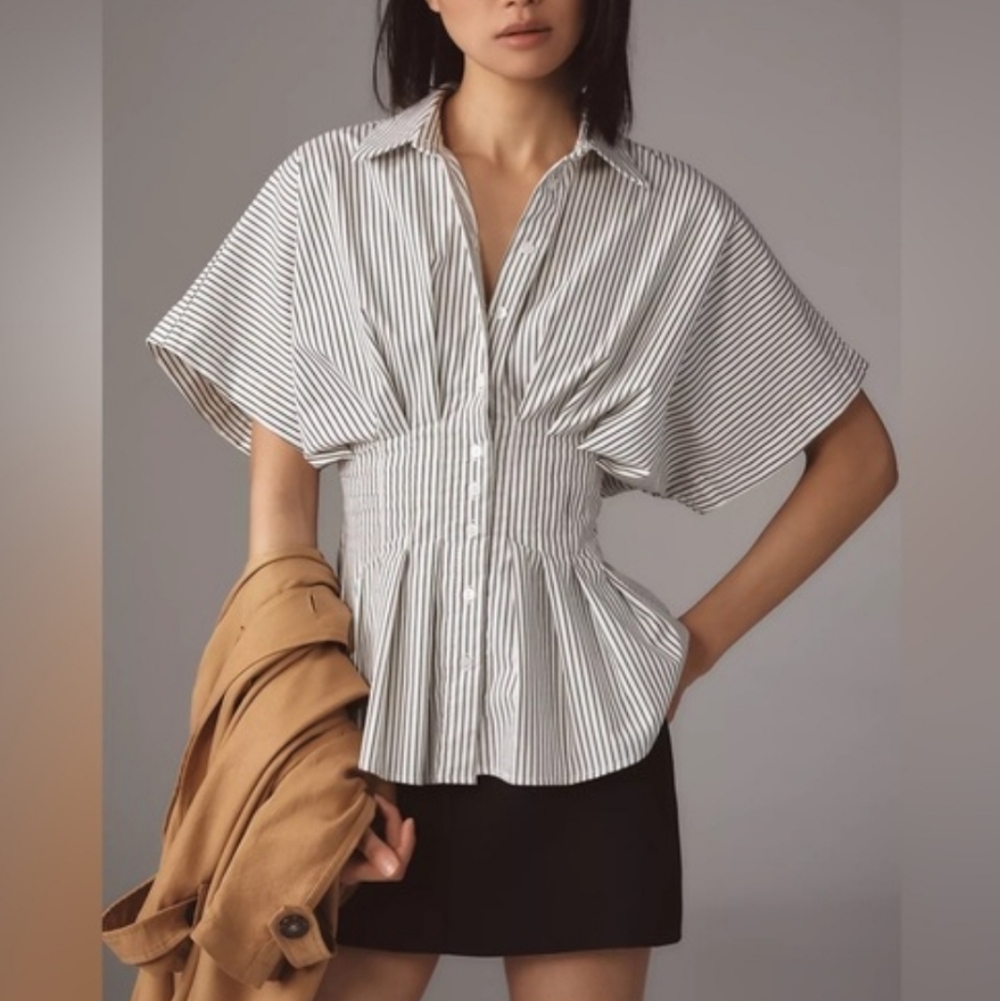 Anthropologie Exquise The Tobie Short Sleeve Pleated Striped Blouse Top Size 3X